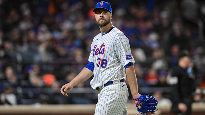 Apr 21, 2025; New York City, New York, USA; New York Mets pitcher Tylor Megill (38) reacts after exiting the game against the Philadelphia Phillies during the sixth inning at Citi Field. Mandatory Credit: John Jones-Imagn Images Apr 21, 2025; New York City, New York, USA; New York Mets pitcher Tylor Megill (38) reacts after exiting the game against the Philadelphia Phillies during the sixth inning at Citi Field. Mandatory Credit: John Jones-Imagn Images