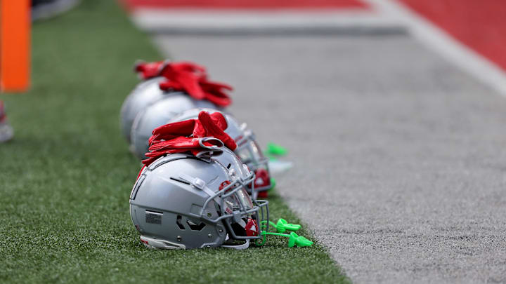 Aug 31, 2024; Columbus, Ohio, USA;  Ohio State Buckeyes helmets on the field before a game against the Akron Zips at Ohio Stadium. Mandatory Credit: Joseph Maiorana-Imagn Images
