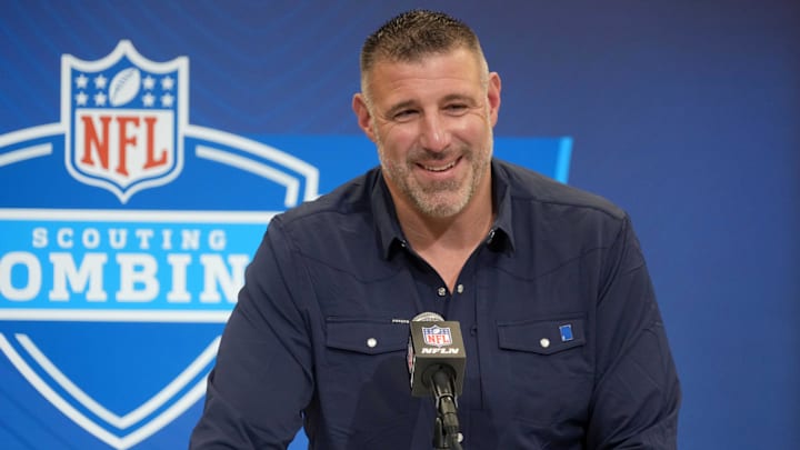 Feb 25, 2025; Indianapolis, IN, USA; New England Patriots coach Mike Vrabel speaks during the NFL Scouting Combine at the Indiana Convention Center. Mandatory Credit: Kirby Lee-Imagn Images