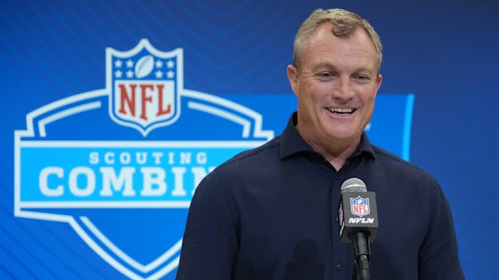 Feb 27, 2025; Indianapolis, IN, USA; San Francisco 49ers general manager John Lynch speaks during the 2025 NFL Scouting Combine at the Indiana Convention Center. Mandatory Credit: Kirby Lee-Imagn Images