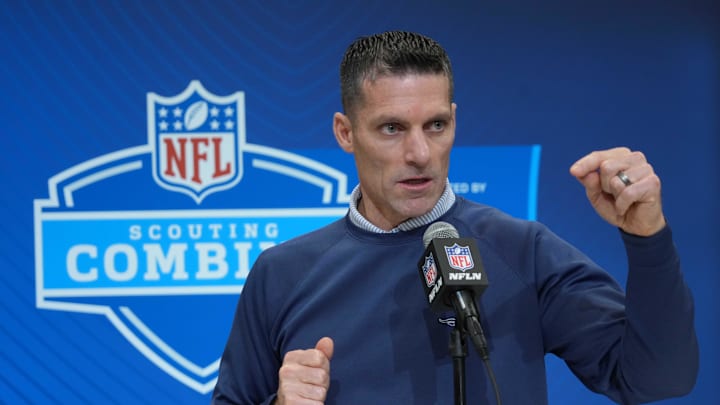 Feb 27, 2025; Indianapolis, IN, USA; Houston Texans general manager Nick Caserio speaks during the 2025 NFL Scouting Combine at the Indiana Convention Center. Mandatory Credit: Kirby Lee-Imagn Images