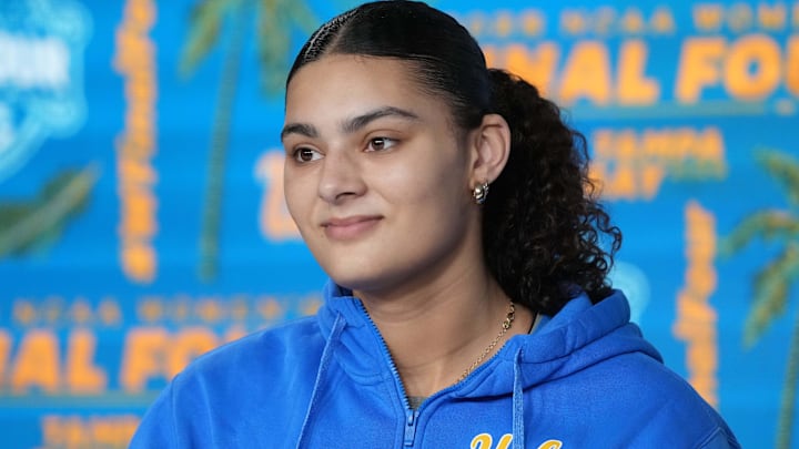 Apr 3, 2025; Tampa, FL, USA; UCLA Bruins center Lauren Betts (51) at press conference at the Amalie Arena.