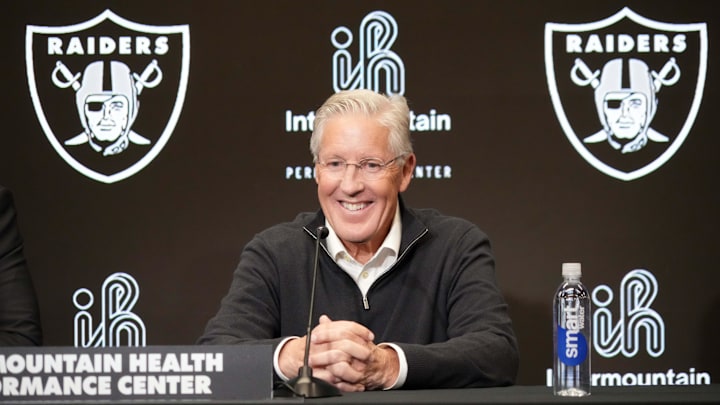 Jan 27, 2025; Las Vegas, NV, USA; Las Vegas Raiders coach Pete Carroll at press conference at Intermountain Health Performance Center. Jan 27, 2025; Las Vegas, NV, USA; Las Vegas Raiders coach Pete Carroll at press conference at Intermountain Health Performance Center.
