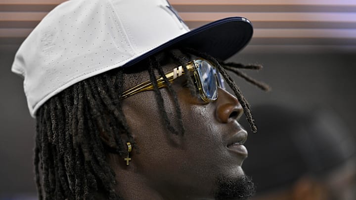 Dallas Cowboys linebacker DeMarvion Overshown looks on before the game between the Cowboys and the Baltimore Ravens.