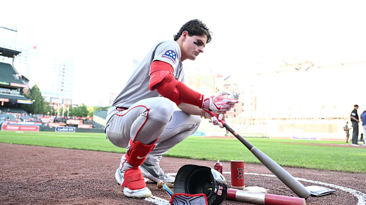Aug 27, 2025; Baltimore, Maryland, USA;  Boston Red Sox outfielder Roman Anthony (19) prepares to bat before the game between the Baltimore Orioles and the Boston Red Sox at Oriole Park at Camden Yards. Mandatory Credit: James A. Pittman-Imagn Images