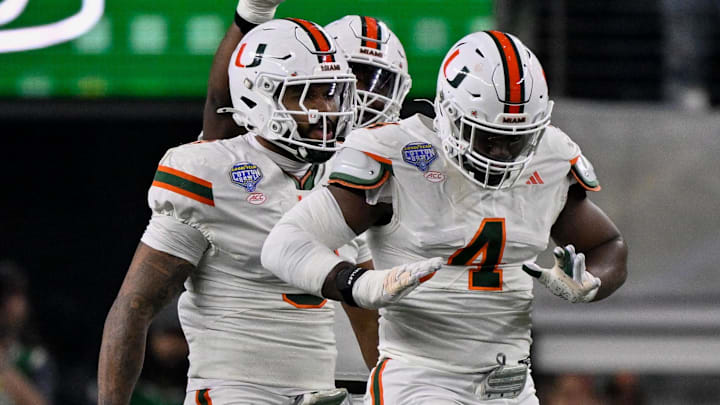 Miami Hurricanes defensive lineman Rueben Bain Jr. celebrates after sacking Ohio State Buckeyes quarterback Julian Sayin 