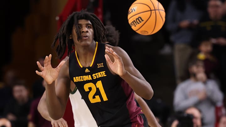 Jan 11, 2025; Tempe, Arizona, USA; Arizona State Sun Devils forward Jayden Quaintance (21) against the Baylor Bears at Desert Financial Arena. Mandatory Credit: Mark J. Rebilas-Imagn Images