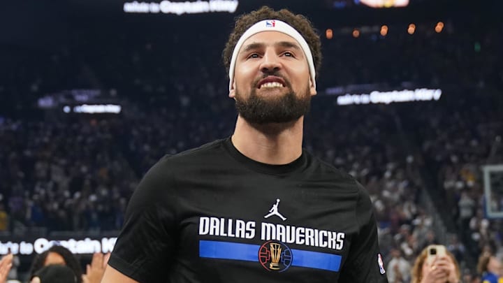 Nov 12, 2024; San Francisco, California, USA; Dallas Mavericks guard Klay Thompson (31) reacts after being introduced before a game against the Golden State Warriors at the Chase Center. Mandatory Credit: Cary Edmondson-Imagn Images