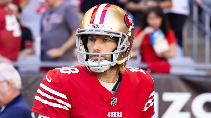 Dec 17, 2023; Glendale, Arizona, USA; San Francisco 49ers punter Mitch Wishnowsky (18) against the Arizona Cardinals at State Farm Stadium. Mandatory Credit: Mark J. Rebilas-USA TODAY Sports Dec 17, 2023; Glendale, Arizona, USA; San Francisco 49ers punter Mitch Wishnowsky (18) against the Arizona Cardinals at State Farm Stadium. Mandatory Credit: Mark J. Rebilas-USA TODAY Sports