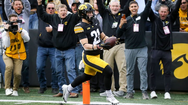 Iowa’s Kaden Wetjen (21) scores after returning a Northwestern punt to the endzone Saturday, Oct. 26, 2024 at Kinnick Stadium in Iowa City, Iowa. Iowa’s Kaden Wetjen (21) scores after returning a Northwestern punt to the endzone Saturday, Oct. 26, 2024 at Kinnick Stadium in Iowa City, Iowa.