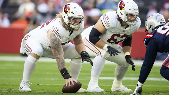 Dec 15, 2024; Glendale, Arizona, USA; Arizona Cardinals guard Hjalte Froholdt (72) and center Evan Brown (62) against the New England Patriots at State Farm Stadium. Mandatory Credit: Mark J. Rebilas-Imagn Images Dec 15, 2024; Glendale, Arizona, USA; Arizona Cardinals guard Hjalte Froholdt (72) and center Evan Brown (62) against the New England Patriots at State Farm Stadium. Mandatory Credit: Mark J. Rebilas-Imagn Images
