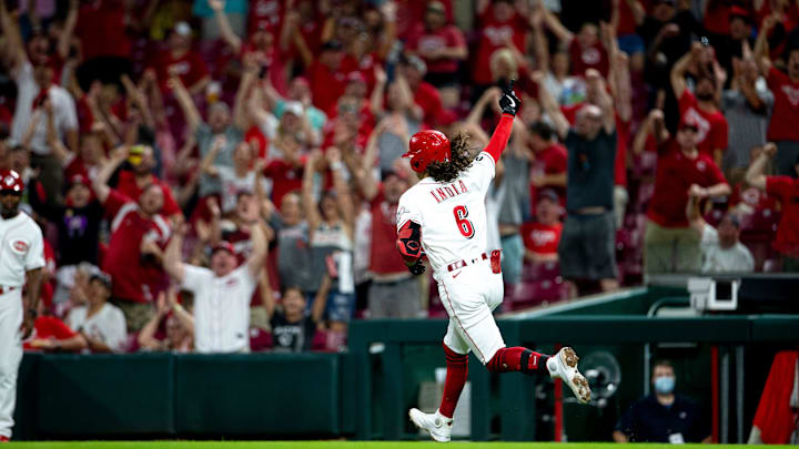 Cincinnati Reds rookie Jonathan India rounds the bases after hitting a home run.
