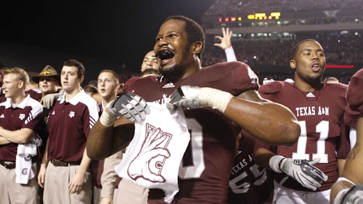 Nov 20, 2010; Houston, TX, USA; Texas A&M Aggies linebacker Von Miller (40) celebrates a victory against the Nebraska Cornhuskers at Kyle Field. Texas A&M defeated Nebraska 9-6. Mandatory Credit: Brett Davis-Imagn Images