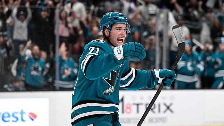 Apr 4, 2026; San Jose, California, USA; San Jose Sharks center Macklin Celebrini (71) celebrates their goal against the Nashville Predators in the second period at SAP Center at San Jose. Mandatory Credit: Eakin Howard-Imagn Images Apr 4, 2026; San Jose, California, USA; San Jose Sharks center Macklin Celebrini (71) celebrates their goal against the Nashville Predators in the second period at SAP Center at San Jose. Mandatory Credit: Eakin Howard-Imagn Images