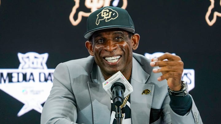 Jul 9, 2025; Frisco, TX, USA; Colorado head coach Deion Sanders speaks with the media during 2025 Big 12 Football Media Days at The Star. Mandatory Credit: Raymond Carlin III-Imagn Images
