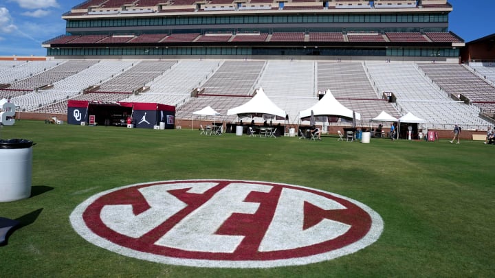The SEC logo is pictured on the field at Gaylord Family-Oklahoma Memorial Stadium before a celebration for OU joining the Southeastern Conference in Norman, Okla., Monday, July 1, 2024.