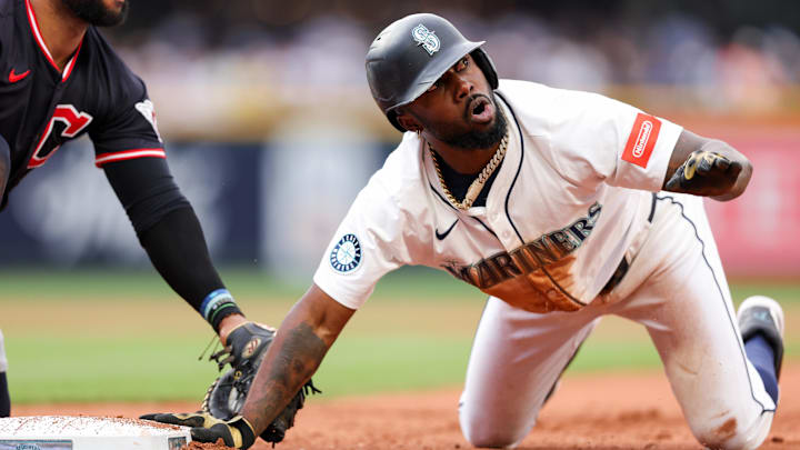 Seattle Mariners left fielder Randy Arozarena steals second base during a game against the Cleveland Guardians on June 14 at T-Mobile Park. Seattle Mariners left fielder Randy Arozarena steals second base during a game against the Cleveland Guardians on June 14 at T-Mobile Park.