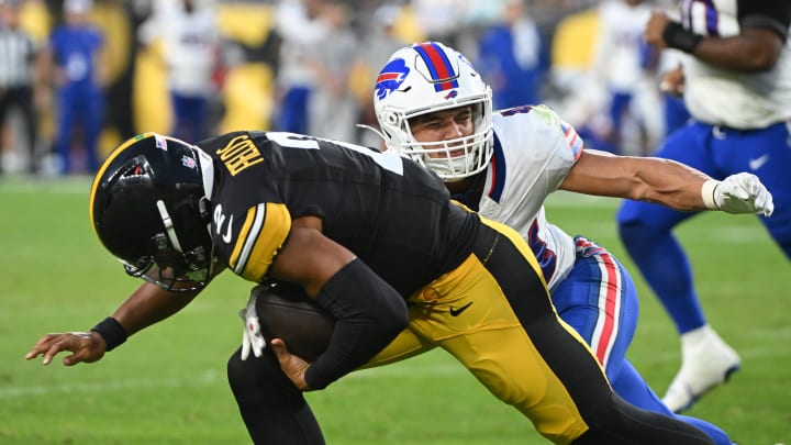 Aug 17, 2024; Pittsburgh, PA; Buffalo Bills linebacker Joe Andreessen (44) tackles Pittsburgh Steelers quarterback Justin Fields (2) during the second quarter at Acrisure Stadium. v Aug 17, 2024; Pittsburgh, PA; Buffalo Bills linebacker Joe Andreessen (44) tackles Pittsburgh Steelers quarterback Justin Fields (2) during the second quarter at Acrisure Stadium. v
