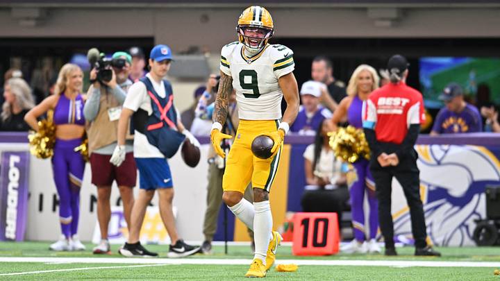 Green Bay Packers wide receiver Christian Watson (9) celebrates after a play during the second half against the Minnesota Vikings at U.S. Bank Stadium. Green Bay Packers wide receiver Christian Watson (9) celebrates after a play during the second half against the Minnesota Vikings at U.S. Bank Stadium.