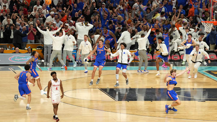 Apr 7, 2025; San Antonio, TX, USA; The Florida Gators react after defeating the Houston Cougars in the national championship game of the Final Four of the 2025 NCAA Tournament at the Alamodome.Mandatory Credit: Scott Wachter-Imagn Images