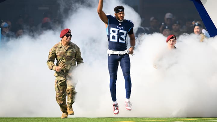 Nov 17, 2024; Nashville, Tennessee, USA; Tennessee Titans wide receiver Tyler Boyd (83) takes the field against the Minnesota Vikings during the first half at Nissan Stadium. Mandatory Credit: Steve Roberts-Imagn Images Nov 17, 2024; Nashville, Tennessee, USA; Tennessee Titans wide receiver Tyler Boyd (83) takes the field against the Minnesota Vikings during the first half at Nissan Stadium. Mandatory Credit: Steve Roberts-Imagn Images