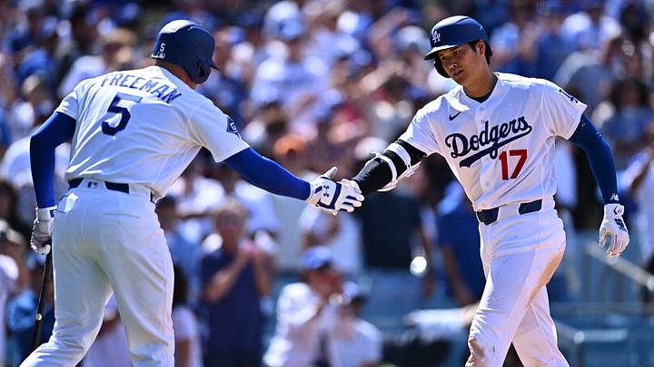 Apr 26, 2026; Los Angeles, California, USA; Los Angeles Dodgers two-way player Shohei Ohtani (17) celebrates with first baseman Freddie Freeman (5) after hitting a solo home run against the Chicago Cubs in the seventh inning at Dodger Stadium. Mandatory Credit: Jonathan Hui-Imagn Images Apr 26, 2026; Los Angeles, California, USA; Los Angeles Dodgers two-way player Shohei Ohtani (17) celebrates with first baseman Freddie Freeman (5) after hitting a solo home run against the Chicago Cubs in the seventh inning at Dodger Stadium. Mandatory Credit: Jonathan Hui-Imagn Images