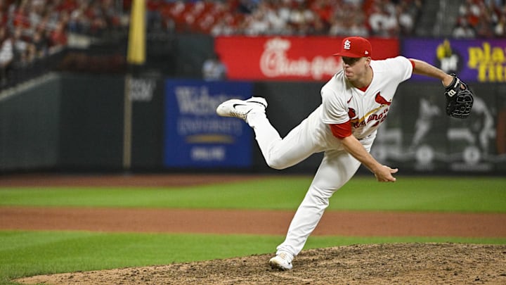 Sep 16, 2022; St. Louis, Missouri, USA; St. Louis Cardinals relief pitcher Ryan Helsley (56) pitches against the Cincinnati Reds during the ninth inning at Busch Stadium. Mandatory Credit: Jeff Curry-USA TODAY Sports Sep 16, 2022; St. Louis, Missouri, USA; St. Louis Cardinals relief pitcher Ryan Helsley (56) pitches against the Cincinnati Reds during the ninth inning at Busch Stadium. Mandatory Credit: Jeff Curry-USA TODAY Sports