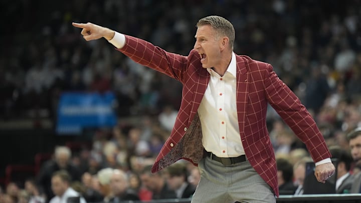 Mar 24, 2024; Spokane, WA, USA; Alabama Crimson Tide head coach Nate Oats reacts in the first half against the Grand Canyon Antelopes at Spokane Veterans Memorial Arena. Mandatory Credit: Kirby Lee-Imagn Images Mar 24, 2024; Spokane, WA, USA; Alabama Crimson Tide head coach Nate Oats reacts in the first half against the Grand Canyon Antelopes at Spokane Veterans Memorial Arena. Mandatory Credit: Kirby Lee-Imagn Images