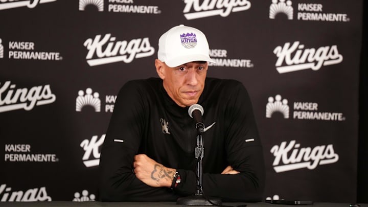 Mar 9, 2025; Inglewood, California, USA; Sacramento Kings coach Doug Christie at a press conference at Intuit Dome. Mandatory Credit: Kirby Lee-Imagn Images