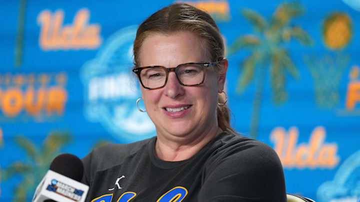 Apr 3, 2025; Tampa, FL, USA; UCLA Bruins head coach Cori Close during press conference at Amalie Arena. Mandatory Credit: Kirby Lee-Imagn Images Apr 3, 2025; Tampa, FL, USA; UCLA Bruins head coach Cori Close during press conference at Amalie Arena. Mandatory Credit: Kirby Lee-Imagn Images