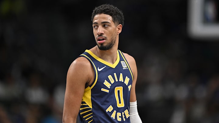 Nov 4, 2024; Dallas, Texas, USA; Indiana Pacers guard Tyrese Haliburton (0) during the game between the Dallas Mavericks and the Indiana Pacers at American Airlines Center. Mandatory Credit: Jerome Miron-Imagn Images