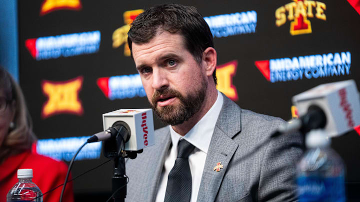 Jimmy Rogers speaks during his introductory press conference as Iowa State’s new head football coach on Dec. 8, 2025, at Iowa State University in Ames, IA.