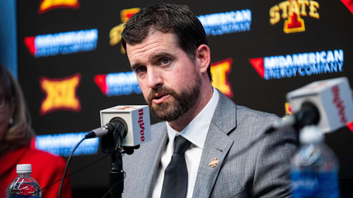Jimmy Rogers speaks during his introductory press conference as Iowa State’s new head football coach on Dec. 8, 2025, at Iowa State University in Ames, IA. Jimmy Rogers speaks during his introductory press conference as Iowa State’s new head football coach on Dec. 8, 2025, at Iowa State University in Ames, IA.