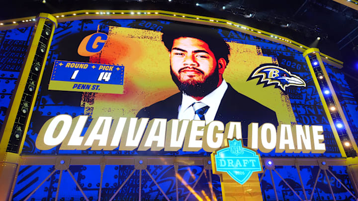 Apr 23, 2026; Pittsburgh, PA, USA; Penn State Nittany Lions offensive guard Olaivavega Ioane is selected by the Baltimore Ravens as the number 14 pick during the 2026 NFL Draft at Acrisure Stadium. Mandatory Credit: Kirby Lee-Imagn Images