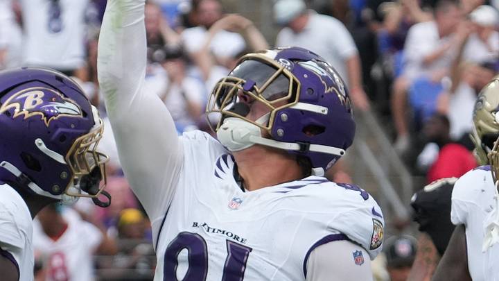 Sep 20, 2026; Baltimore, Maryland, USA;  Baltimore Ravens linebacker Trey Hendrickson (91) reacts after a sack in the third quarter against the New Orleans Saints at M&T Bank Stadium.  Mandatory Credit: James Lang-Imagn Images
