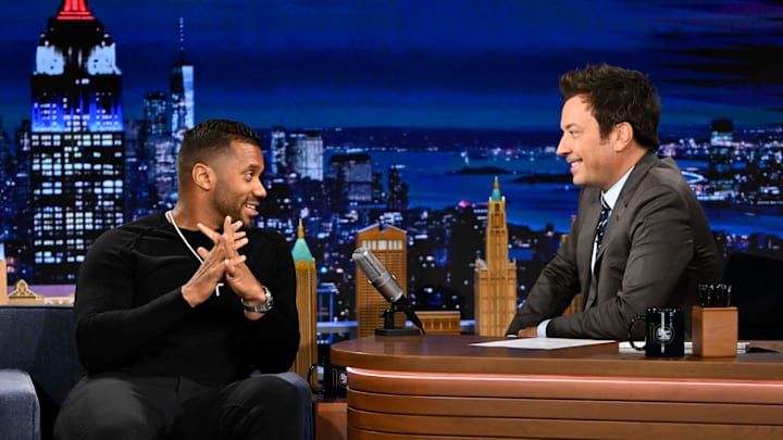 July 15, 2025; New York, USA; "The Tonight Show" host Jimmy Fallon interviews New York Giants quarterback Russell Wilson. July 15, 2025; New York, USA; "The Tonight Show" host Jimmy Fallon interviews New York Giants quarterback Russell Wilson.