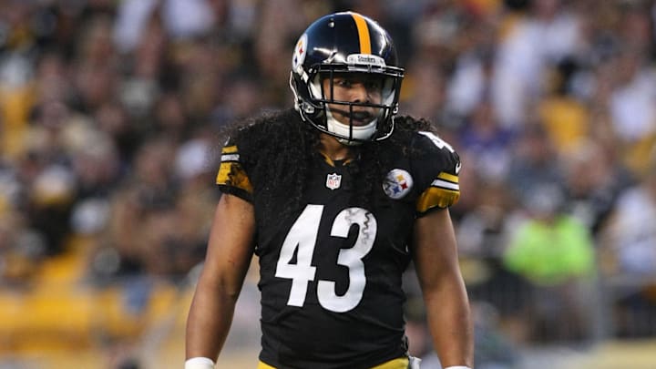Aug 16, 2014; Pittsburgh, PA, USA; Pittsburgh Steelers safety Troy Polamalu (43) lines up against the Buffalo Bills during the first half at Heinz Field. Mandatory Credit: Jason Bridge-Imagn Images