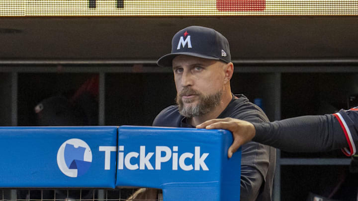 Sep 25, 2024; Minneapolis, Minnesota, USA; Minnesota Twins manager Rocco Baldelli looks on from the dugout agains the Miami Marlins in the first inning at Target Field. Mandatory Credit: Jesse Johnson-Imagn Images