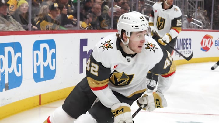 Mar 1, 2026; Pittsburgh, Pennsylvania, USA; Vegas Golden Knights right wing Braeden Bowman (42) moves the puck  against the Pittsburgh Penguins during the third period at PPG Paints Arena. Mandatory Credit: Charles LeClaire-Imagn Images