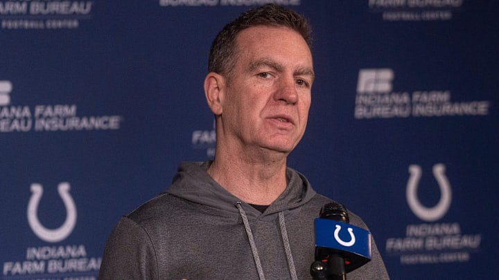 New Indianapolis Colts Defensive Coordinator Lou Anarumo speaks during a press conference Thursday, Jan. 23, 2025 at the Colts practice facility, the Indiana Farm Bureau Football Center.