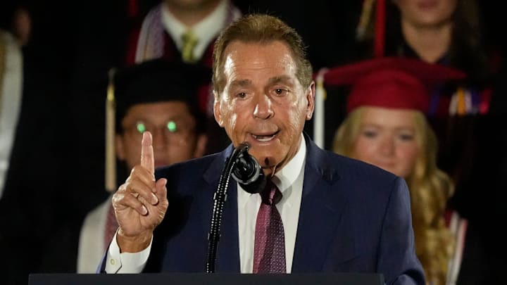 May 1, 2025; Tuscaloosa, AL, USA; Legendary Alabama football coach Nick Saban introduces President Donald Trump. Trump delivered a special commencement address to University of Alabama graduates at Coleman Coliseum. Graduation occurs over the weekend. Mandatory Credit: Gary Cosby Jr.-Tuscaloosa News