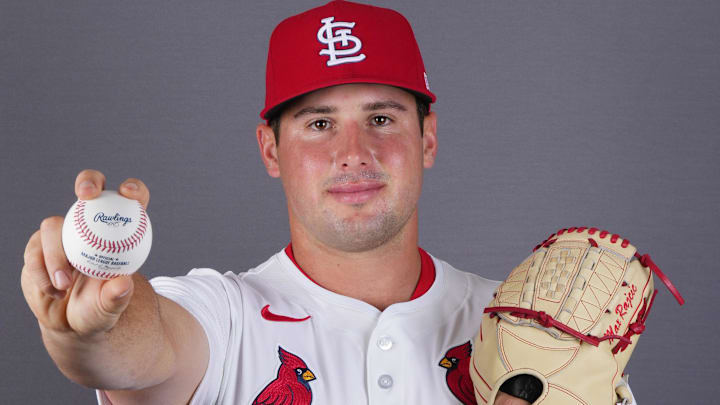 Feb 20, 2025; Jupiter, FL, USA; St. Louis Cardinals pitcher Max Rajcic (77). Mandatory Credit: Jim Rassol-Imagn Images Feb 20, 2025; Jupiter, FL, USA; St. Louis Cardinals pitcher Max Rajcic (77). Mandatory Credit: Jim Rassol-Imagn Images