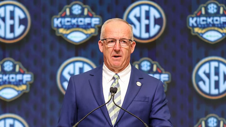 Jul 16, 2025; Atlanta, GA, USA; SEC commissioner Greg Sankey speaks to the media during the SEC Media Day at Omni Atlanta Hotel. Mandatory Credit: Jordan Godfree-Imagn Images