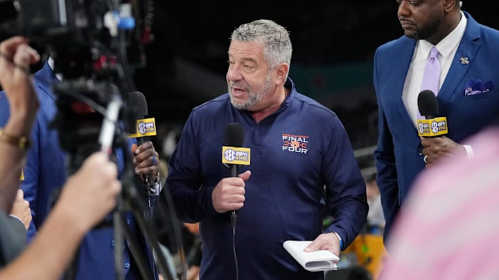 Apr 4, 2025; San Antonio, TX, USA; Auburn Tigers head coach Bruce Pearl is interviewed during a practice session for the Final Four of the 2025 NCAA tournament at Alamodome. Mandatory Credit: Robert Deutsch-Imagn Images