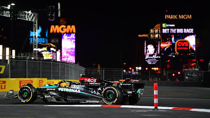 Nov 21, 2024; Las Vegas, Nevada, USA; Mercedes AMG Petronas driver Lewis Hamilton (44) during practice for the Las Vegas Grand Prix at Las Vegas Circuit. Mandatory Credit: Gary A. Vasquez-Imagn Images