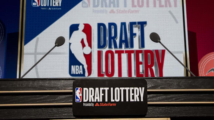 May 15, 2018; Chicago, IL, USA; The podium with logos is seen prior to the 2018 NBA Draft Lottery at the Palmer House Hilton. Mandatory Credit: Patrick Gorski-Imagn Images
