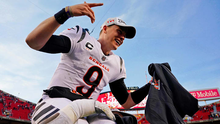 Jan 30, 2022; Kansas City, Missouri, USA; Cincinnati Bengals quarterback Joe Burrow (9) celebrates