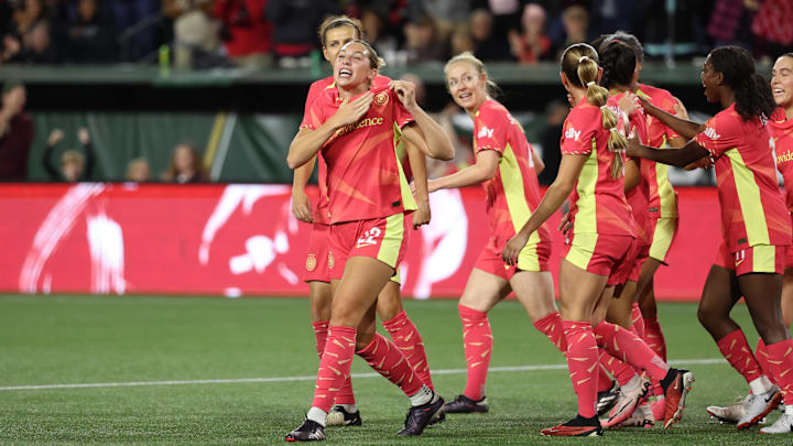 Portland Thorns FC forward Morgan Weaver (22) celebrates a first half goal against the Orlando Pride at Providence Park 