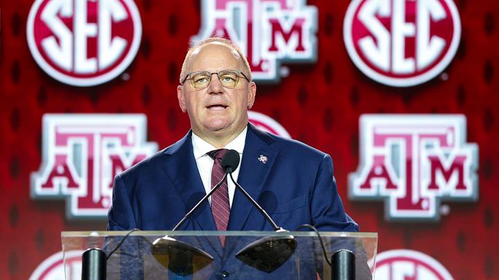 Texas A&M Aggies head coach Mike Elko speaks to the press during SEC Football Kickoff Media Day at the Tampa Marriott. 
