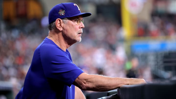 Jul 13, 2024; Houston, Texas, USA; Texas Rangers manager Bruce Bochy (15) watches the action from the dugout during the first inning against the Houston Astros at Minute Maid Park. Jul 13, 2024; Houston, Texas, USA; Texas Rangers manager Bruce Bochy (15) watches the action from the dugout during the first inning against the Houston Astros at Minute Maid Park.